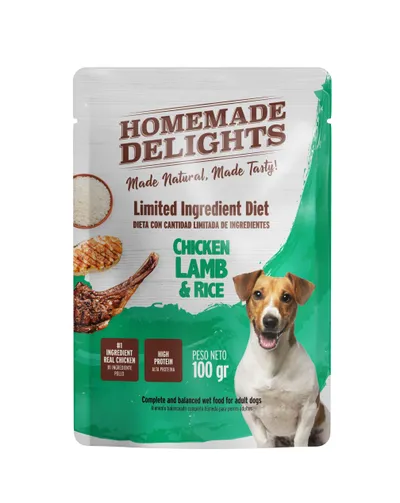Pouch Homemade Delights Perro Adulto Pollo, Cordero Y Arroz